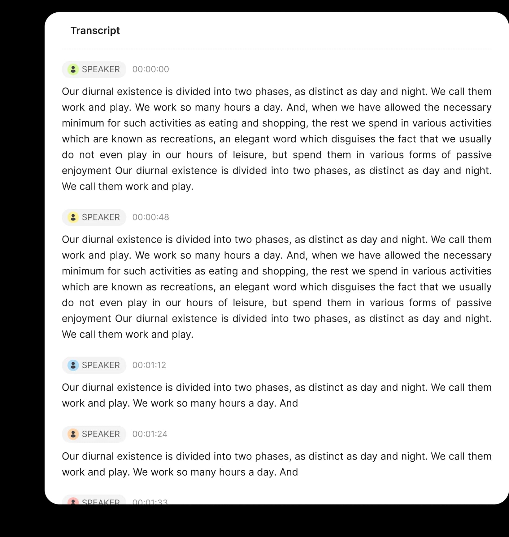 AI transcription transcript panel
