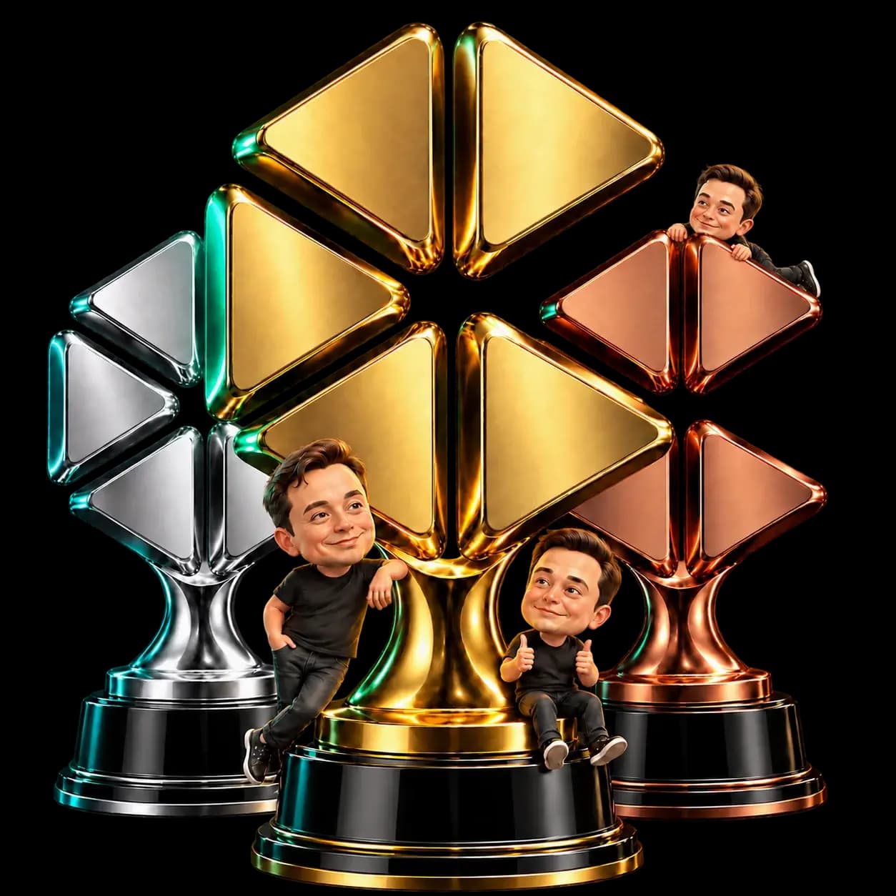 Gold, silver and bronze Clipto trophies with two tiny Elon figures beside the gold trophy and a third climbing over the bronze trophy
